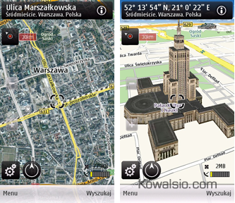 OVI Maps - tryb satelitarny (lewa) i tryb 3D (po prawej)