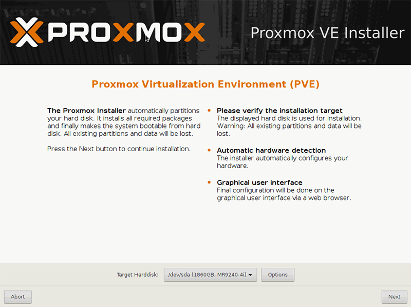 Instalacja Proxmox - wybór dysku