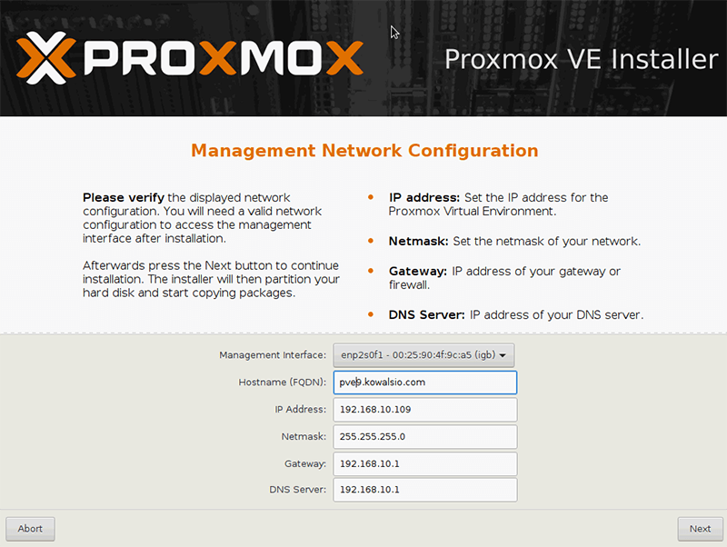 Instalacja Proxmox - ustawienia sieci