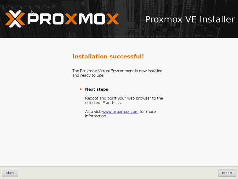 Instalacja Proxmox - instalacja zakończona