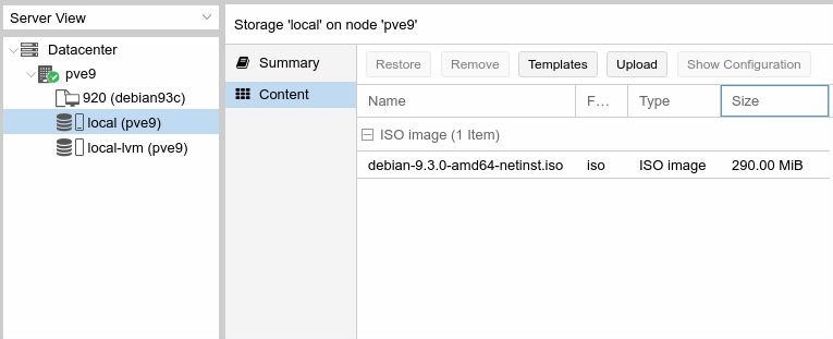 Proxmox VE - zawartość rezytorium local po wgraniu obrazu ISO