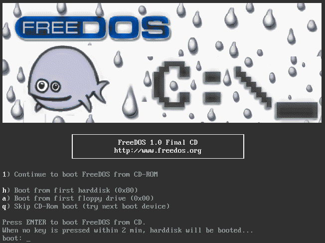 Bootowanie serwera ze zmodyfikowanego obrazu FreeDOS.